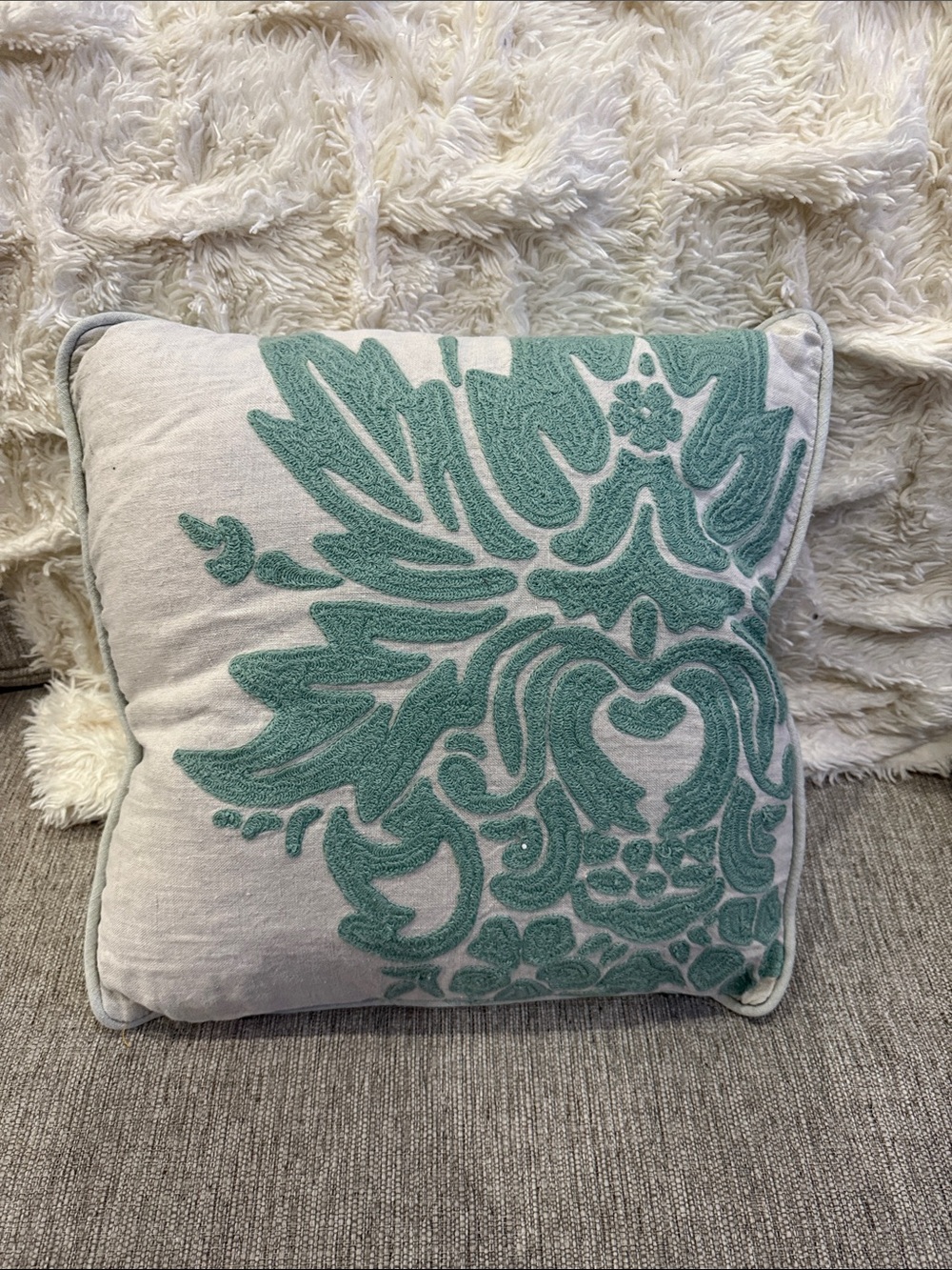 Linen Coastal Embroidered Teal Floral Accent down filled pillow